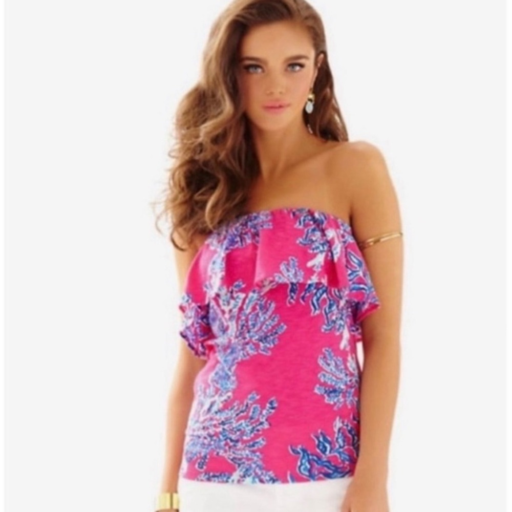 Lilly Pulitzer Strapless Wiley Ruffle Tube Top Capri Pink Samba Coral Women's XS